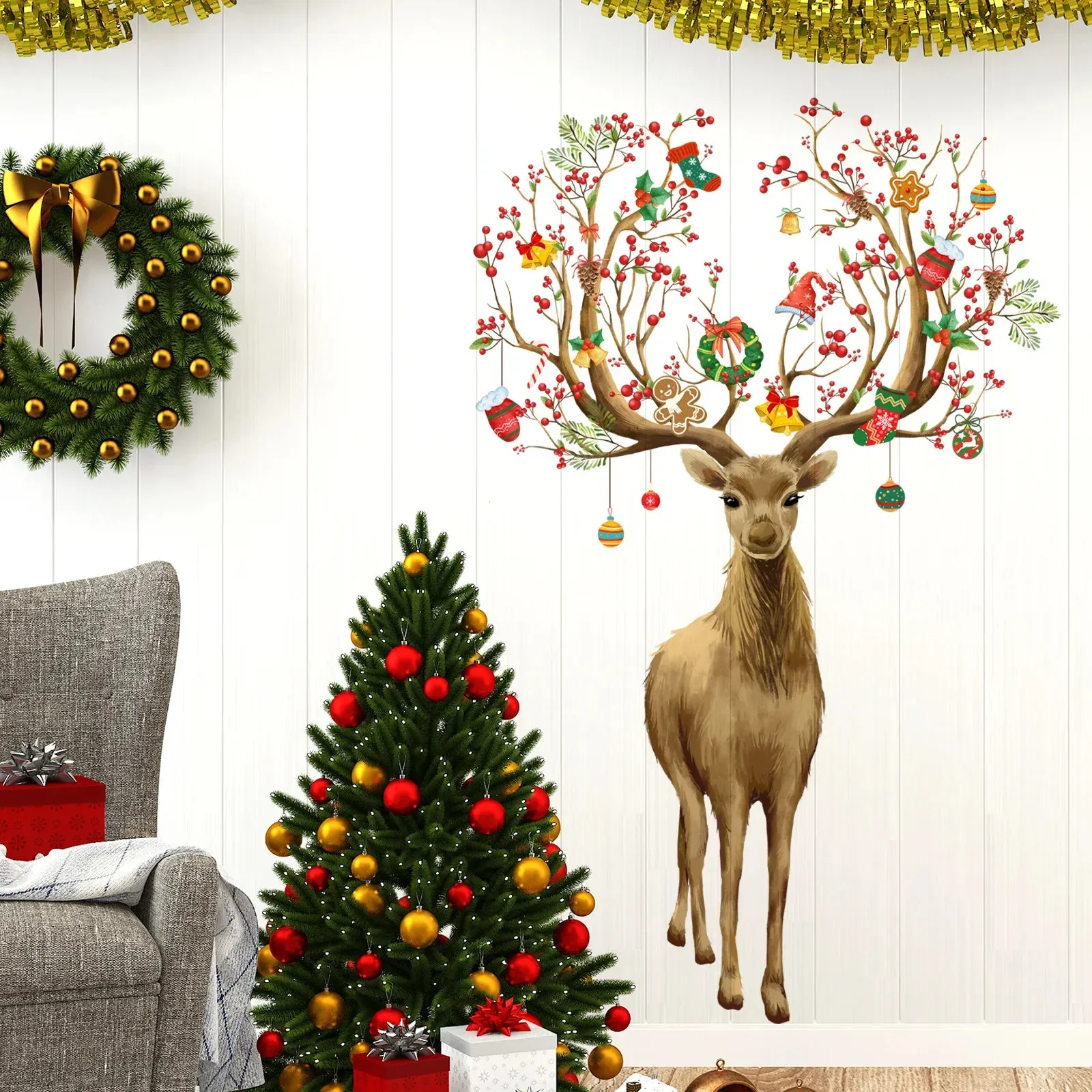 Adesivos de Parede Grande Veado Natal Xmas Home Decoração Sala de estar Adesivo Móveis Porta Casa Interior Decoração de Férias 231211