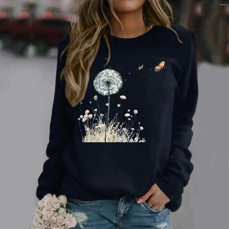 Women's Hoodies Distressed Pullover Casual Round Neck Raglan Long Sleeved Retro Dandelion Printed Sweatshirt Zip Womens Sweater