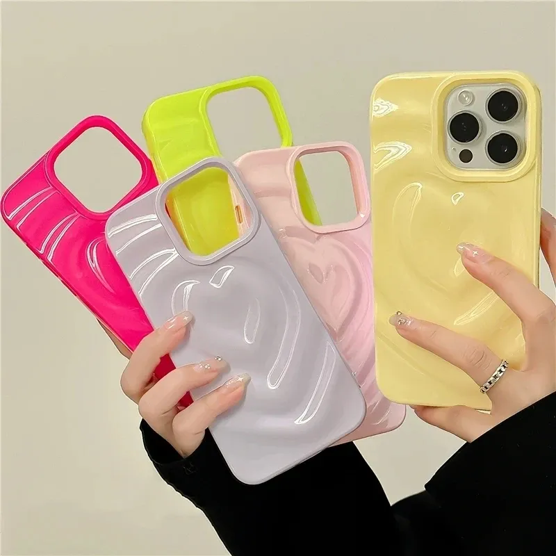 Funda de teléfono coreana brillante 3D plisada con corazón de amor para iPhone 15, 11, 12, 13, 14 Pro Max, Color caramelo, forma de onda, funda trasera suave creativa