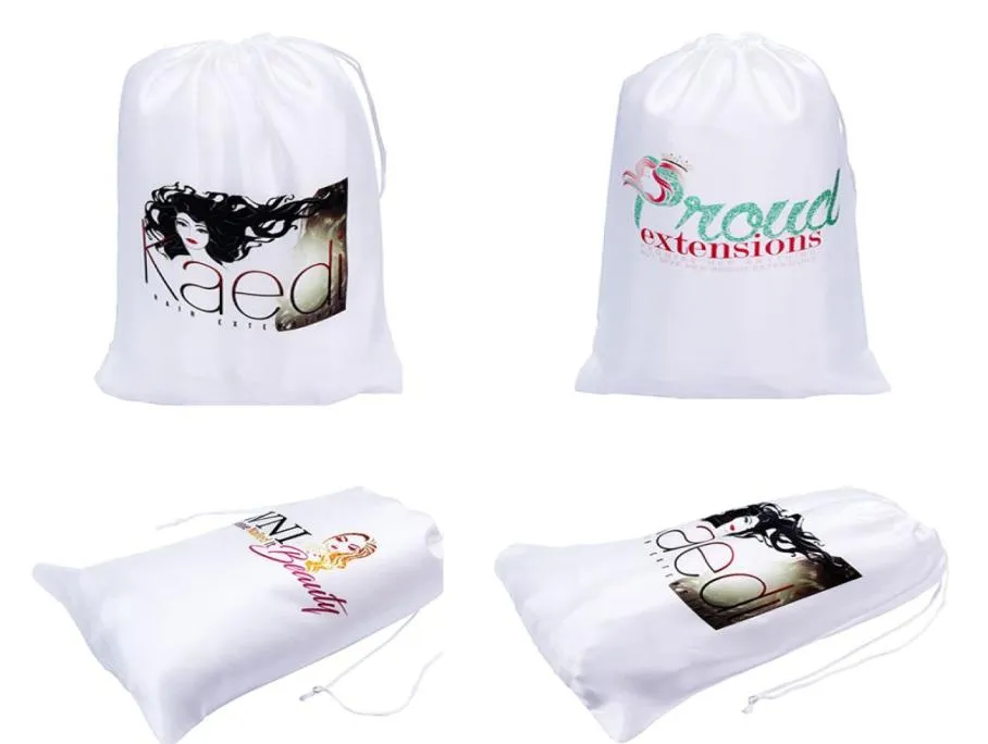 Logo personnalisé imprimé 50PcsLot Polyester Satin soie blanc sacs cordon sacs à cheveux emballage Extension de cheveux Packaging7008512