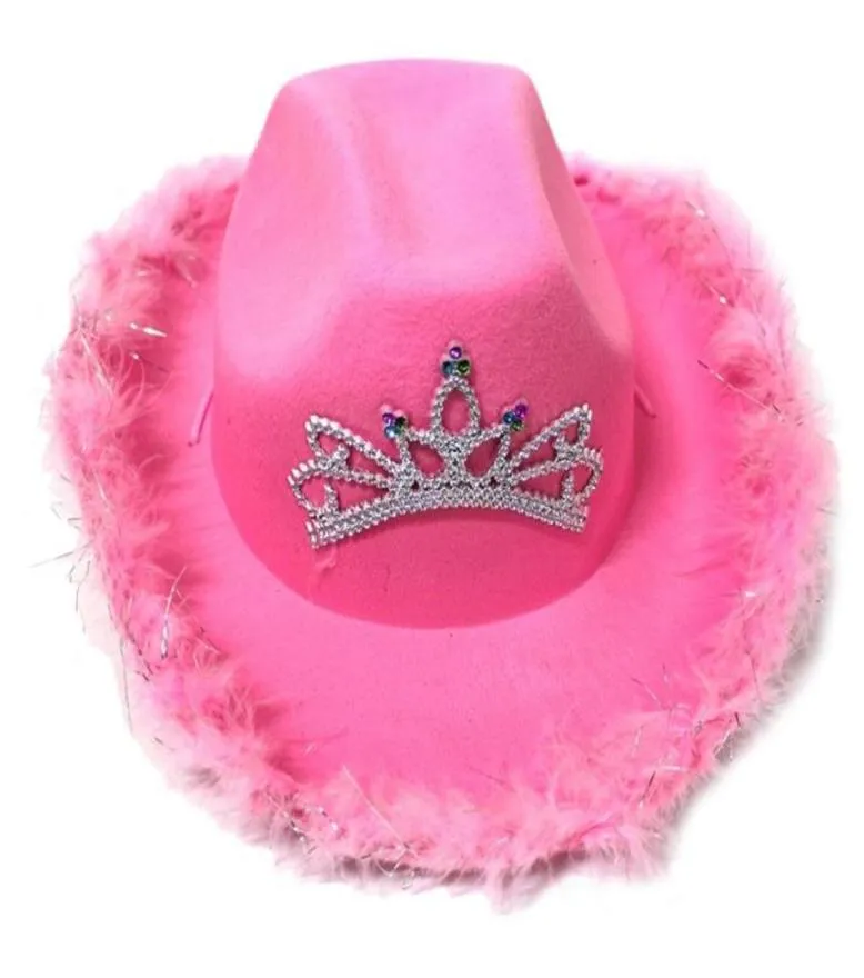 Bollmössor ull filtfedoror med glittrande prydnad bred brim hatt paillette hattar cowgirl stil i rosa tillbehör8022418