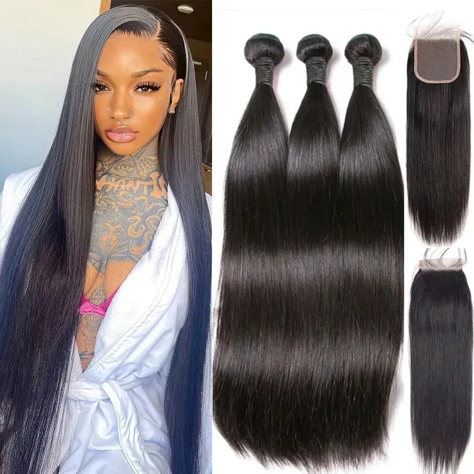 Synthetische Perücken Knochengerade Bundles mit Verschluss Brasilianische Haarwebart Bundles mit Verschluss 30 Zoll Naturhaarbündel mit Spitze Frontalhaar 231211