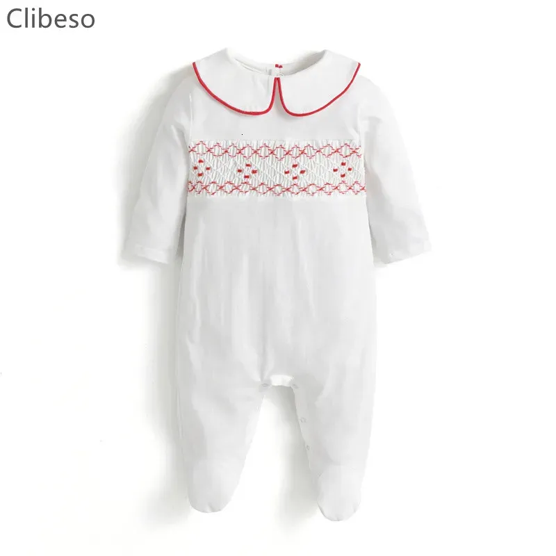 Macacões bebê espanhol algodão footie nascido branco meninos meninas feitas à mão smocking macacão infantil smocked bordado macacão roupas 231211