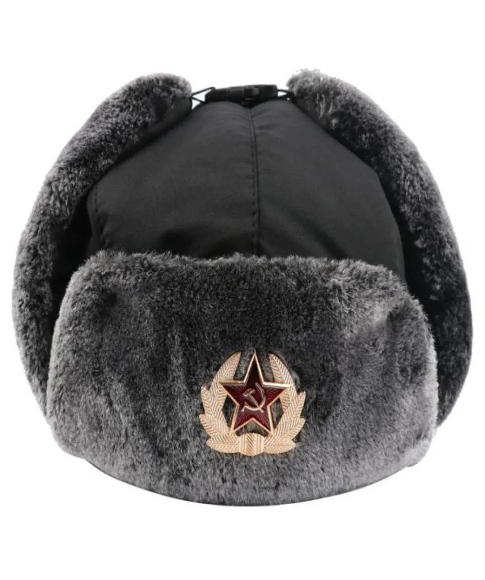 Rosja Ushanka kapelusz sowiecka odznaka Zima sztuczne futra Earflap mężczyzn śnieżnych czapek wodoodpornych czapek bombowca Pilot Traper Traper Hat15476374568323