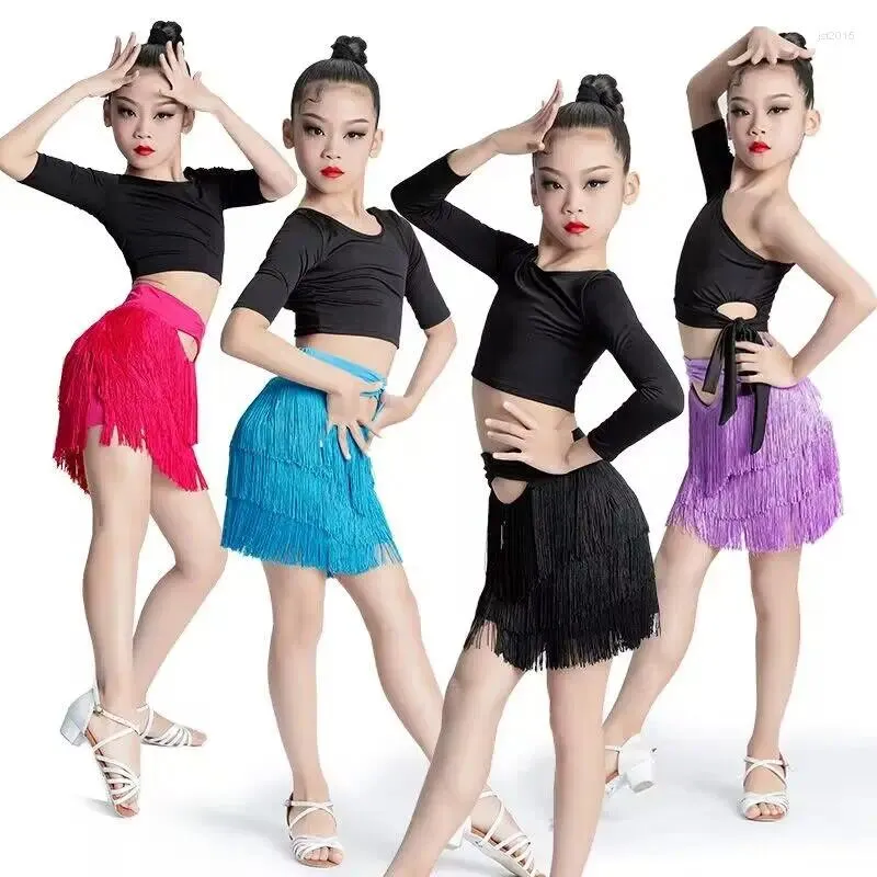 Stage Wear Children's Latin Dance Girls Summer Performance Clothing Competition Fringe Skirt Two Piece Set