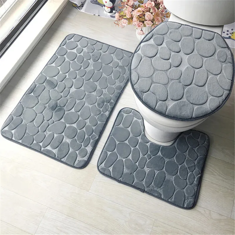 Carpets Set of 3 Bathroom Bath Mat Soft Non Slip 2PCS Cobblestone Rug Absorbent Shower Toilet Lid Cover Floor 231211