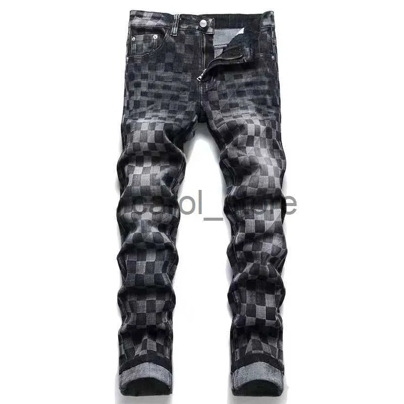 Calças masculinas EHMD xadrez bordado jeans masculino alto elástico fino algodão couro padrão high street calças de luxo 3D impressão gradiente j231208