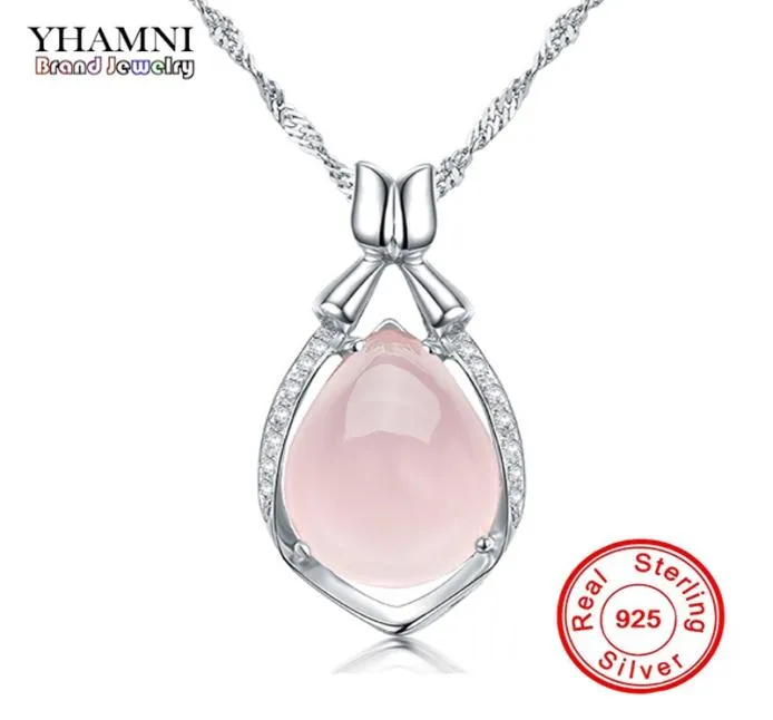 Yhamni Luxury Solid 925 Sterling Silver Pink Gem Crystal Pendant Halsband Natural Stone Water Drop Halsband för kvinnor DZ0566725919