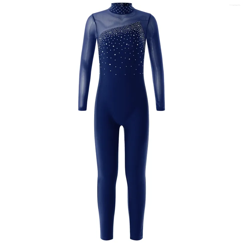 Stage Wear Enfants Filles Costume de patinage artistique Ballet Danse Gymnastique Justaucorps Brillant Strass Combinaison Yoga Performance Dancewear