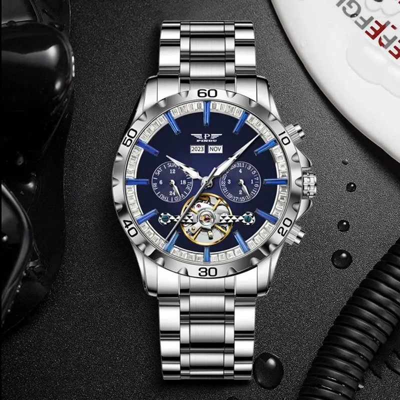 Wristwatches PINDU Mechanical Watches Year Month Week Multi-functional Men Watch Classic Blue Dial Diamond Bezel Stainless Steel Material