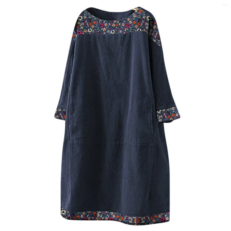 Casual Dresses Women Dress Corduroy Vintage Patchwork Ethnic Print Autumn Winter Long Sleeve Pockets Loose Vestidos Para Mujer