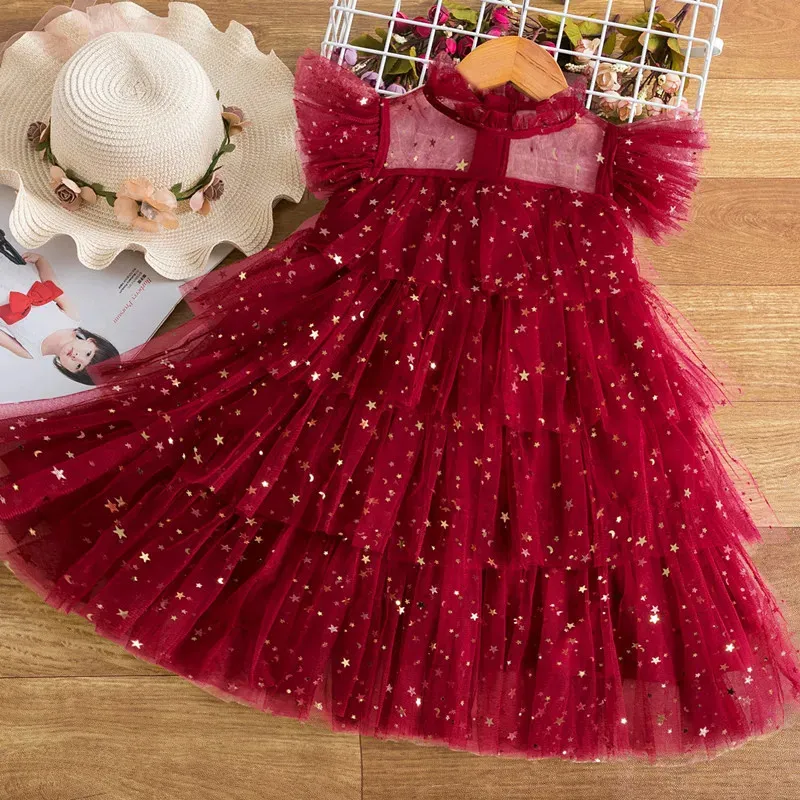 Платья для девочек Красное рождественское праздничное платье с летящими рукавами Однотонная одежда с цветочным рисунком принцессы на день рождения для детей 38 лет 231211