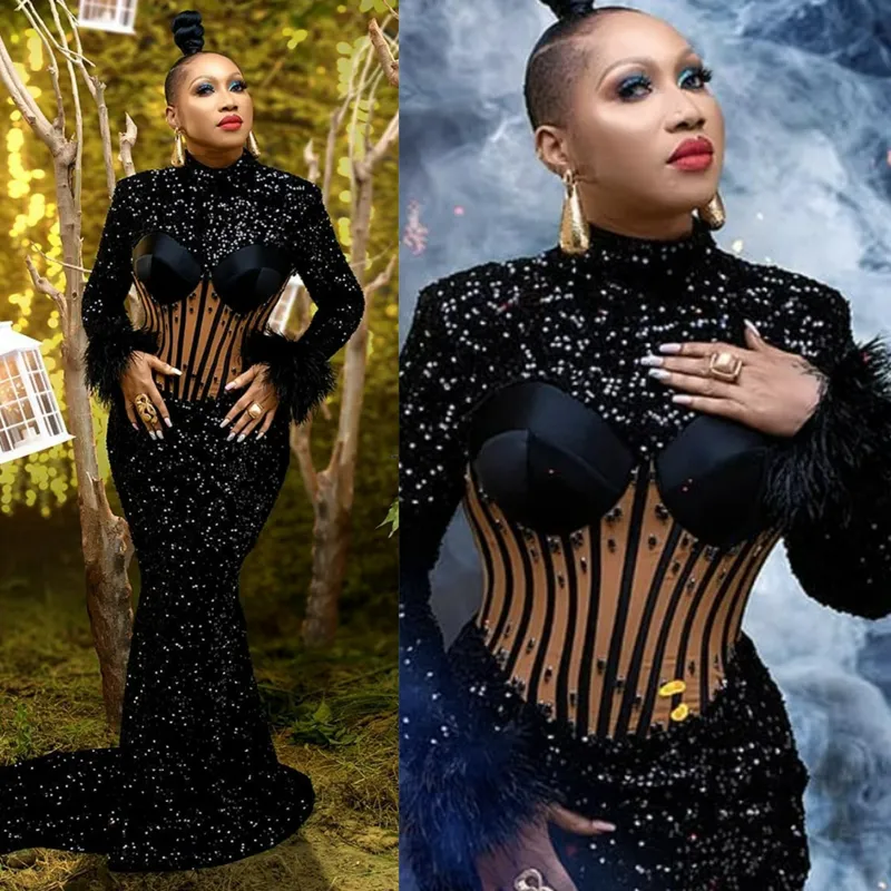 DHgate Elegant Black Evening Dresses Illusion High Neck Long Sleeves Sequined Lace Prom Dress Feather for Black Women Prom Birthday Party Gowns Second Reception GownST633 Wedding Party Events