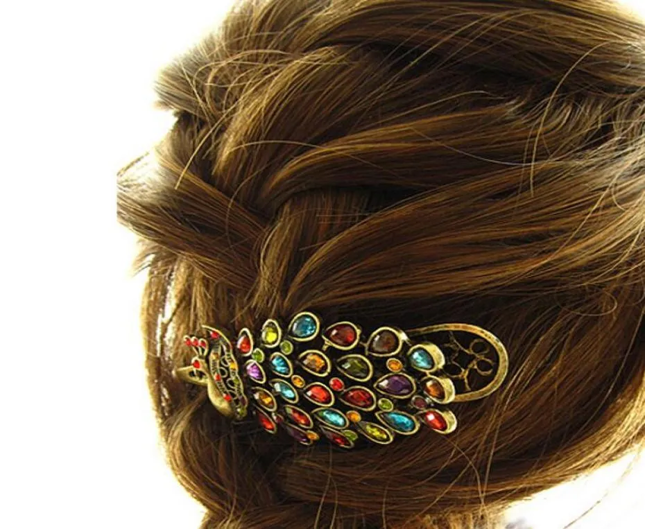 ヨーロッパファッションジュエリー女性039Sビンテージピーコックヘアピンヘアクリップカラフルなラインストーンヘアクリップ