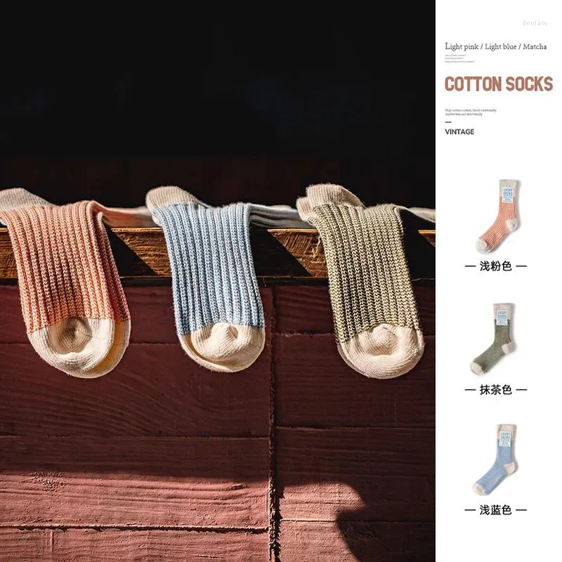 Women Socks Maden 3 par Kvinnor Japanese Blue Mid-Calf Double Needle Breattable Elastic Outdoor Cotton Sock Harajuku Stockings