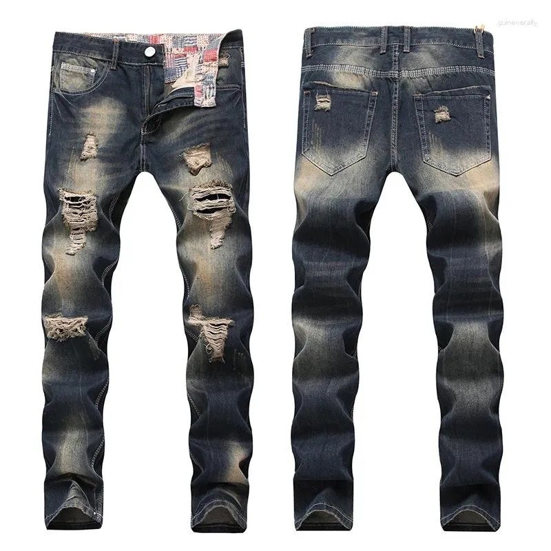 Jeans masculinos patchwork nona calça jeans diretoc oco impressão mendigo t mail moda rasgada