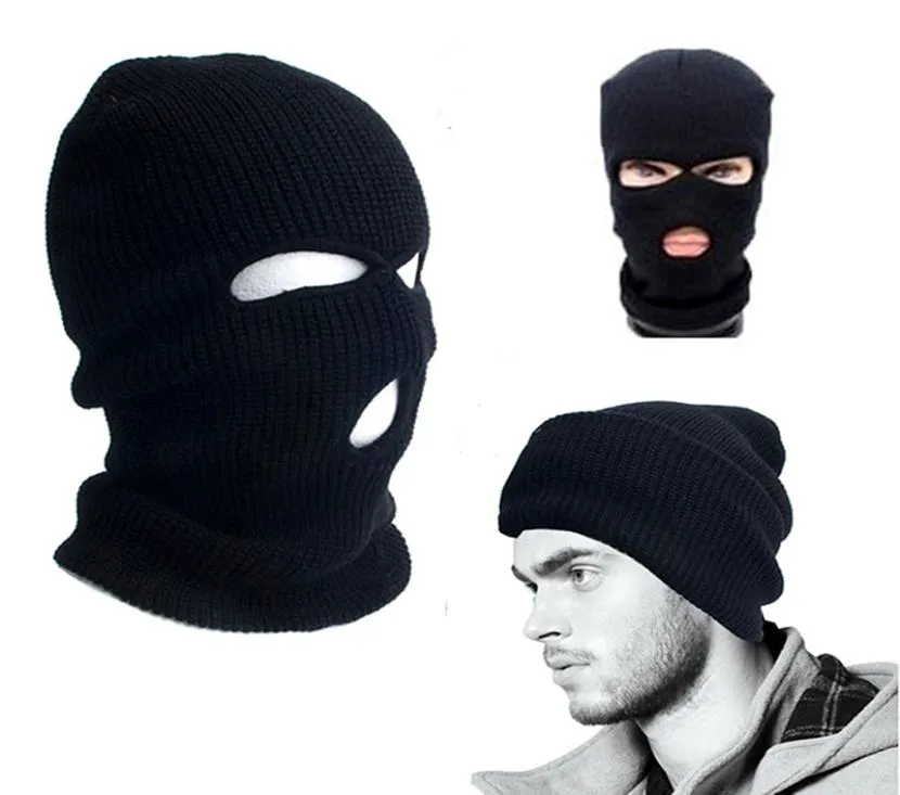 2019 New Hole Balaclava Full Face Cover Mask Three 3 Knit Hat Winter Snow Stretch mask Beanie Hat Cap New Black Warm Masks9336635