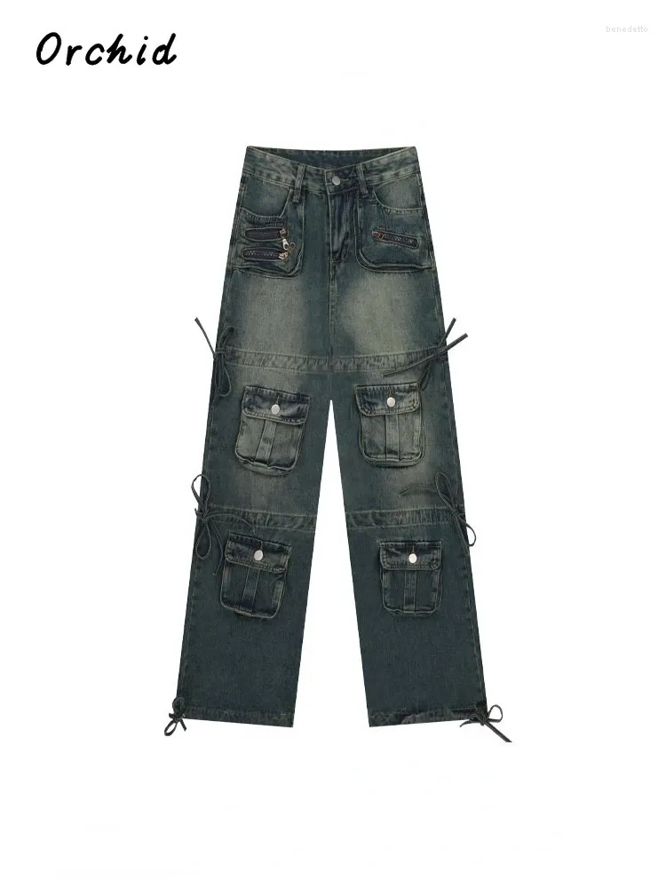 Jeans pour femmes Femmes High Street Bleu Lâche Multi-Poche Large Jambe Taille Basse Denim Cargo Pantalon 2000s Esthétique Hip Y2k Streetwear