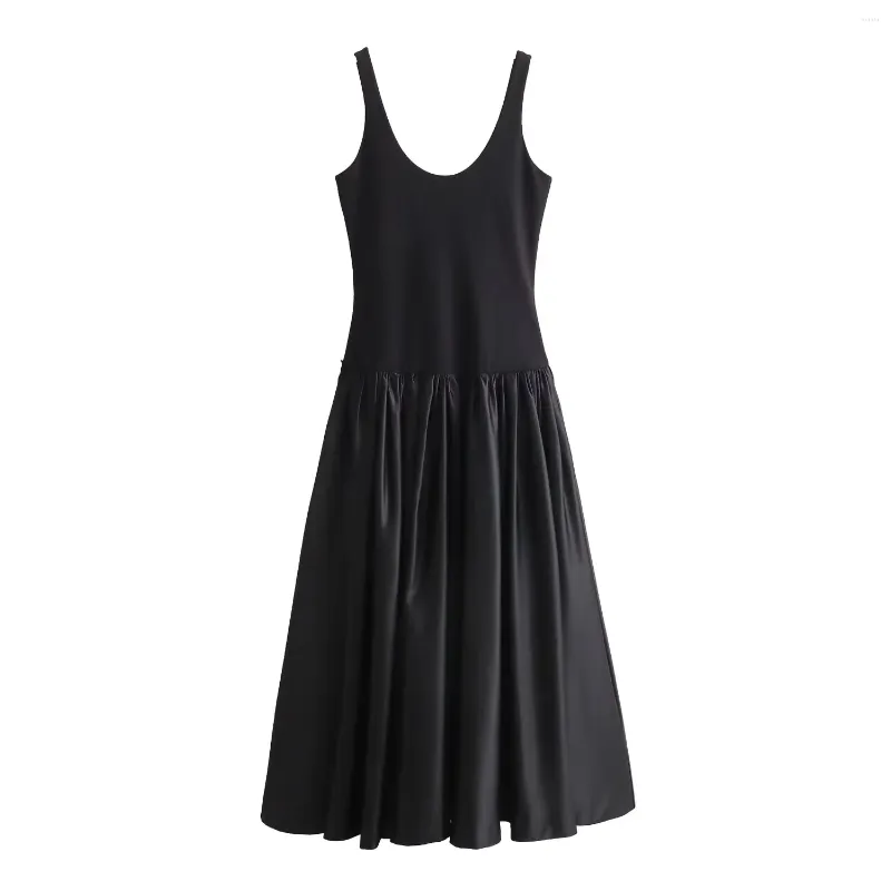 Casual Dresses O-Neck Sleeceless Midi Dress Of Woman 2024 Summer Wide Straps Fabric Hem Woman's Black Low Waistline