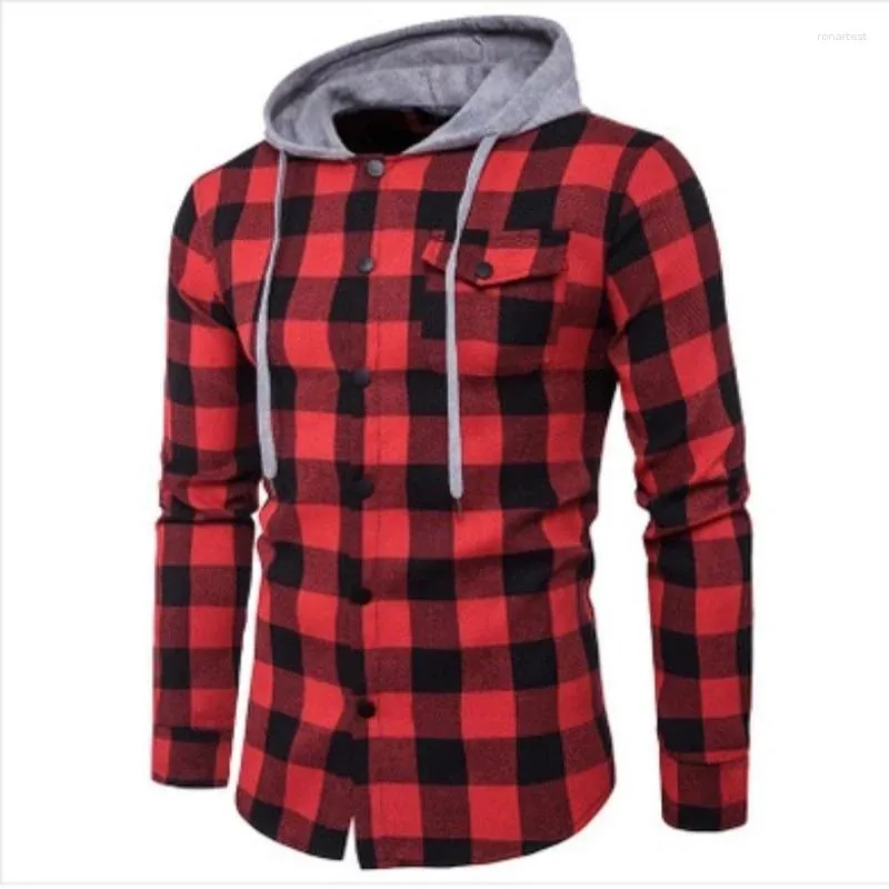 Camisas masculinas moda algodão com capuz camisa top flanela xadrez de mangas compridas casual magro preto quente outono e inverno