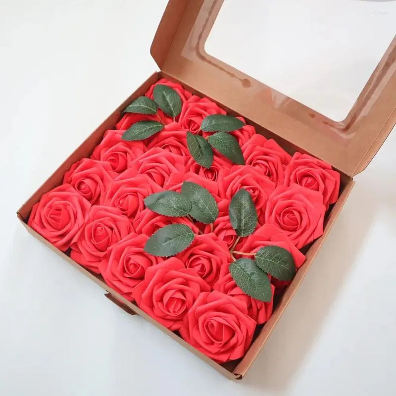 Dekorative Blumen ganze Box 25 Stück PE-Schaum Mini Rose künstliche Blume mit Stiel Braut handgemachte Dekoration Flore Zweig Geschenk Dekor Versorgung