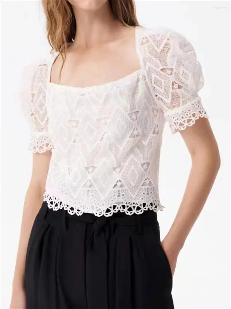 Women's Blouses Ladies Square Collar Short Puff Sleeve Lace Up Sweet Shirt 2023 Summer Women Geometric Pattern Hollow Out Blouse