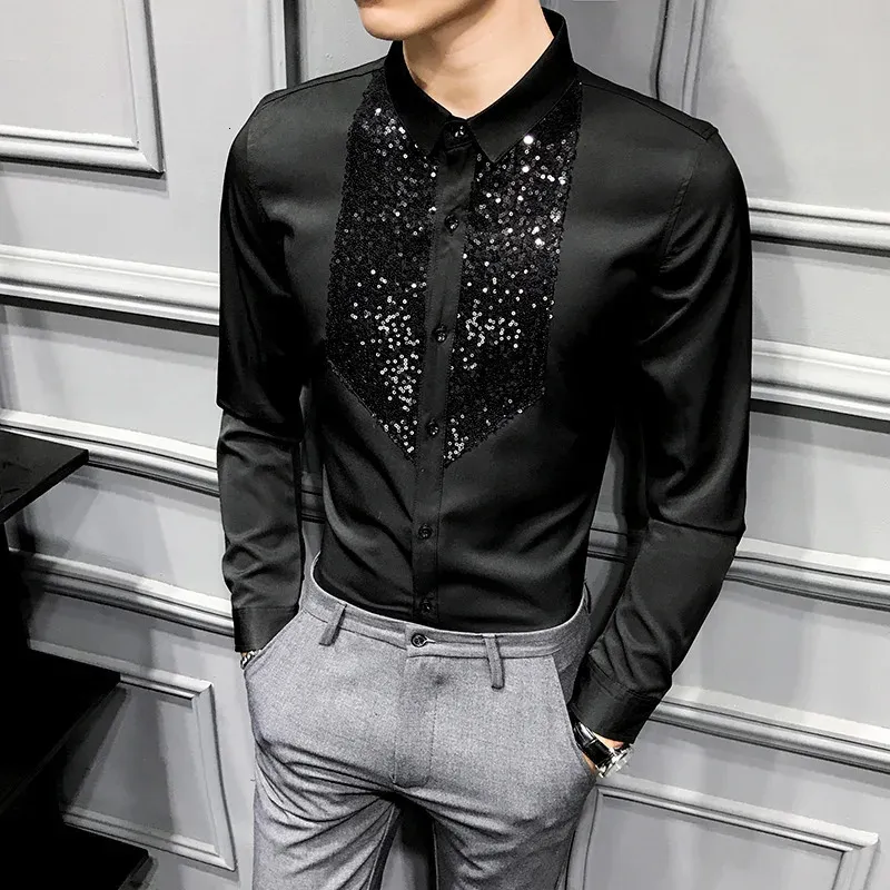 Designer Shirt Sequin Tailcoat Men's Long Sleeved Camisa Masculina 2020 Black and White Casual Slim Fit Men's Dress Street Clothing Social Top 231211