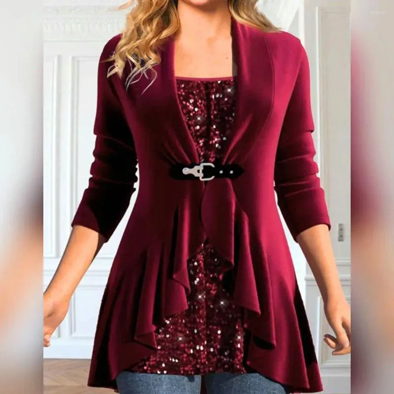 Women's Blouses Women Loose Fit Top Christmas Sequin Patchwork Pullover Blouse For Shiny Two-piece Ruffle U Neck Mid Fall