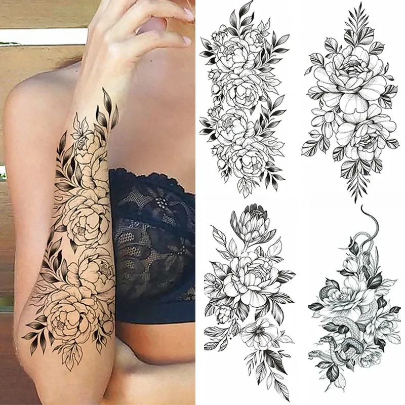 Tatuagens temporárias Flor preta adesivo braço manga rosa lua borboleta cobra henna corpo decorar realista falso 3d mulheres totem 231208
