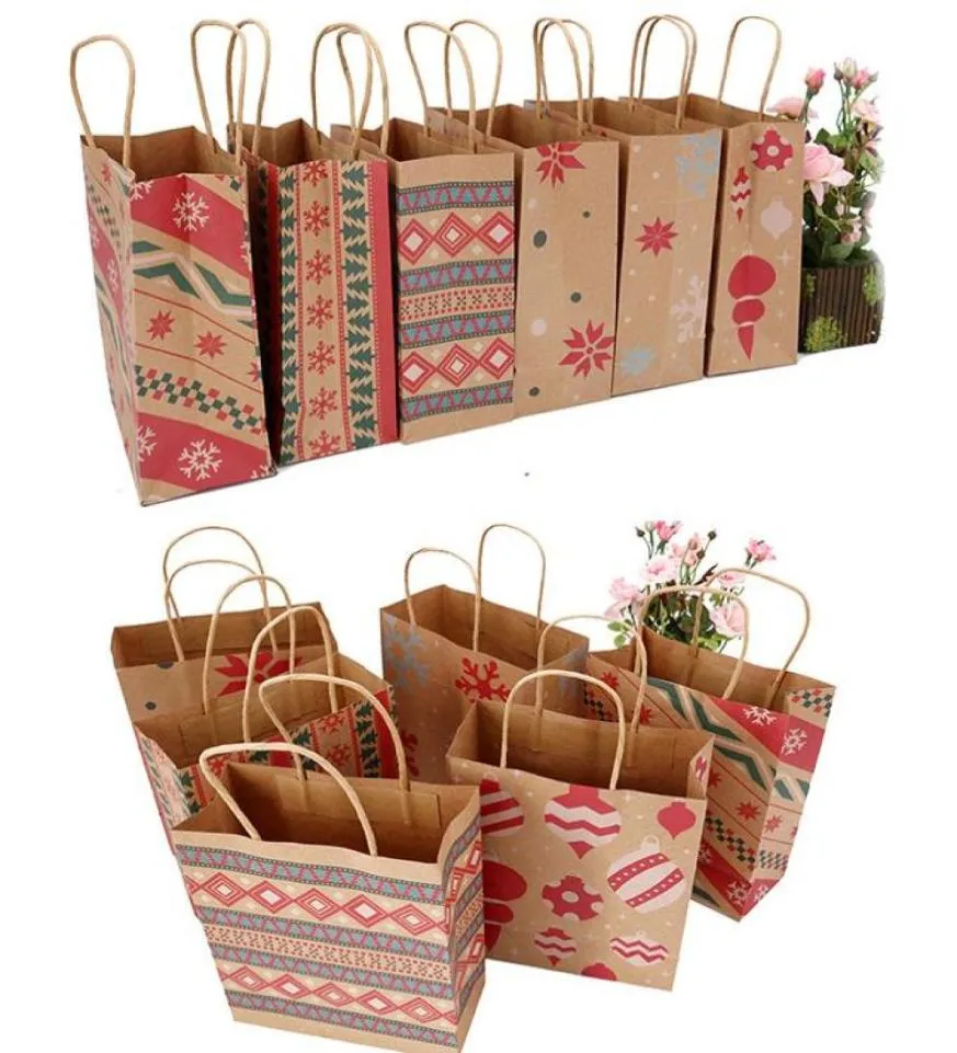 Sacs cadeaux imprimés en papier kraft de Noël Sac à main XMAS présente des faveurs Jouets Vêtements Wrap Totes Shopping Sac de transport Emballage colorf5499069