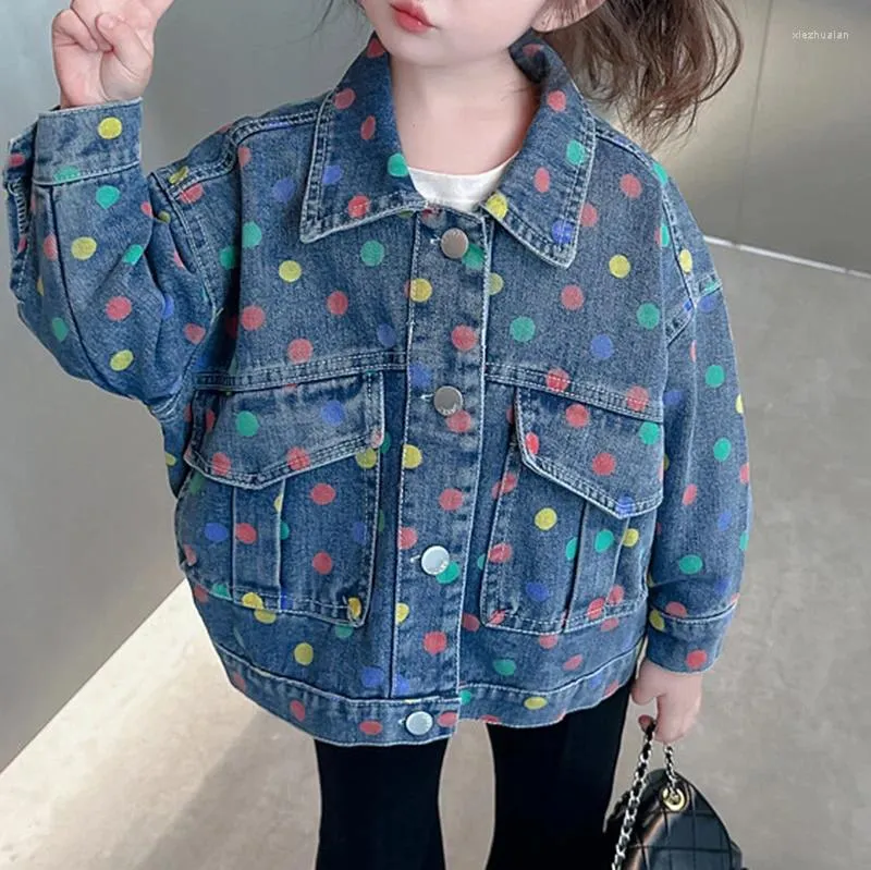 Vestes Veste en jean imprimée à pois pour fille, avec points colorés, haut de printemps et d'automne, mode européenne et américaine, 5 ans et 6 ans