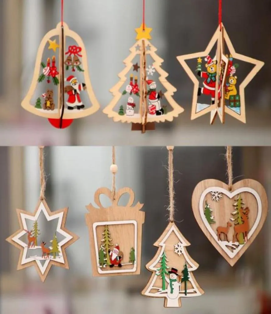 木製のクリスマスツリーハンギング飾り装飾エルクディアスノーマンサンタスノーフェイクパターンペンダント素朴なホームウィンドウ装飾CRAF7700226