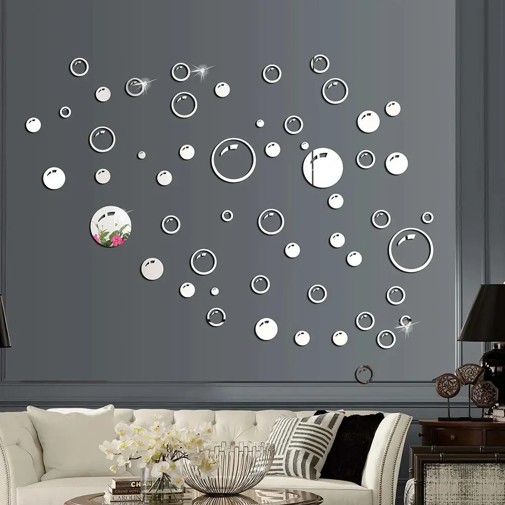 Stickers muraux 58pcs miroir autocollant bulle décoration bricolage salle de bain TV fond auto-adhésif acrylique pour la maison 231211