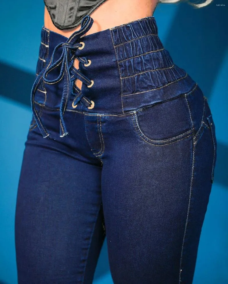 Women's Jeans High Elastic Women Fashion Lace Up Waist Skinny Pocket Ankle Length Denim Pants