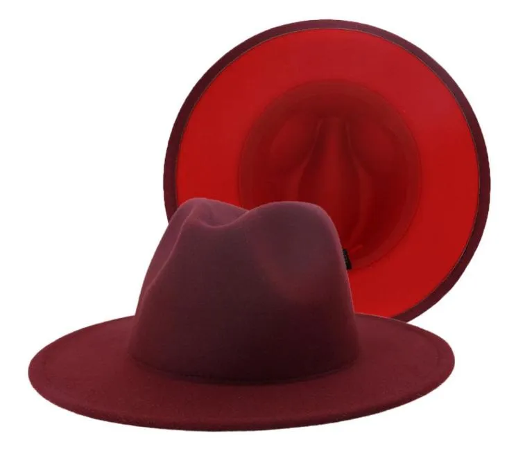 외부 와인 레드 내부 빨간 패치 워크 펠트 모자 가을 가을 겨울 모직 재즈 트리비 캡 클래식 유럽 미국 남성 여성 Fedora Hats3879288