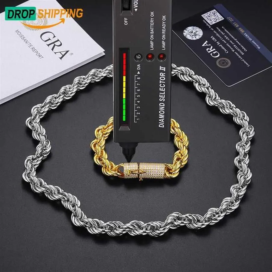 Drop 6mm 12mm 18k Gold Plated 925 Sterling Silver Vvs Moissanite Diamond Iced Out Clasp Rope Chain Necklace for Men289O