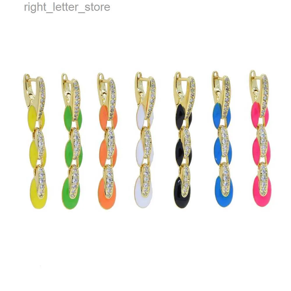 Stud New Rainbow Geomtric Long Chain Dangle Earrings for Women Paved Pastel Enamel and White Zircon Gold Plated Color Fashion Jewelry YQ231211