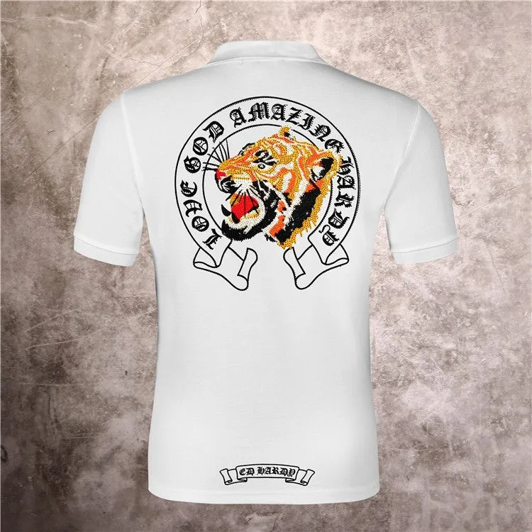 Verão Menswear Designer Alemão Rock Punk Hot Drill Lion Head Modal Polo Camisa Puro Algodão Magro de Alta Qualidade Hip Hop Masculino Stand Collar Shirt