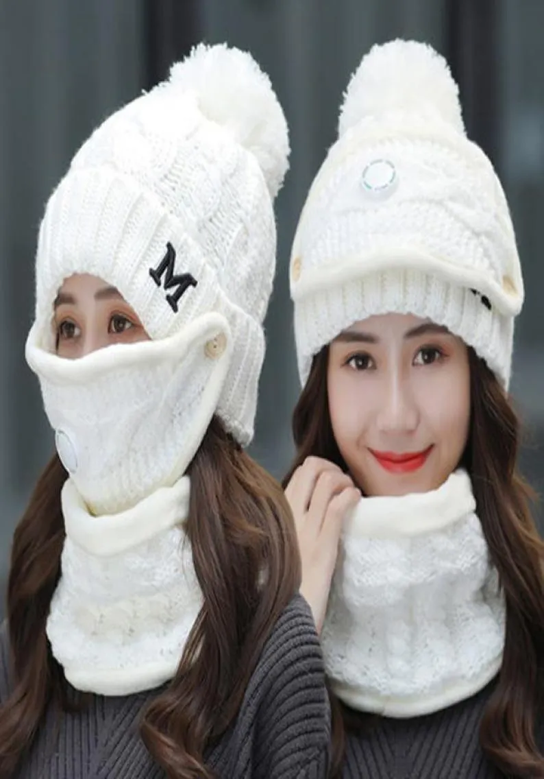 Chapeau de cyclisme d'hiver femmes 3 pièces bonnets de laine chauds Skullies chapeaux avec masque col bavoir femme velours épais Antismog tricot Caps7762931