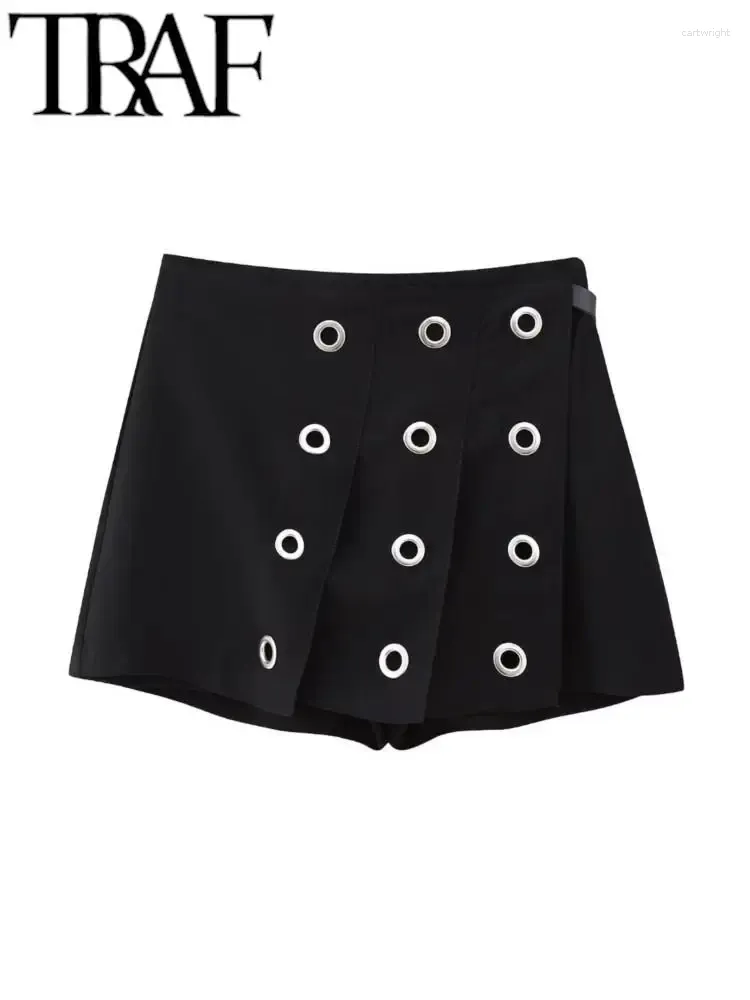 Frauen Shorts Y2K Asymmetrische Schwarze Frauen Röcke Plissee Ösen Zipper Hohe Taille Skorts Weibliche Kurze Hosen 2023 Herbst