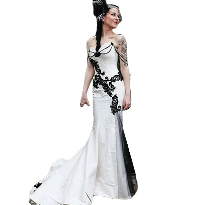 Abito Da Sposa Sirena Gotica In Bianco E Nero Con Applicazioni In