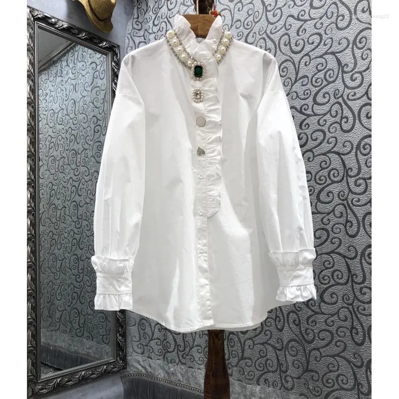 Women's Blouses Beaded White Women Shirts Summer Design 2023 Ruffles Long-Sleeved Pearl Elegant Office Lady Outwear Tops