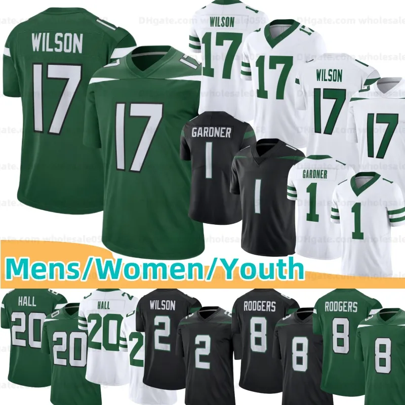 Molho Ahmad 1 Gardner Aaron Rodgers Camisa de futebol Jermaine Johnson II Breece Hall Garrett Wilson Quinnen Williams Quincy Joe Klecko Allen Lazard CJ Mosley personalizado