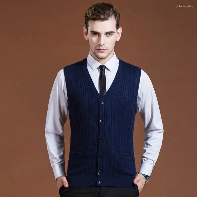 Men's Vests Elegant High Stretch Knit Cable Cardigan Vest Casual Vintage Style V Neck Button Up For Fall Winter