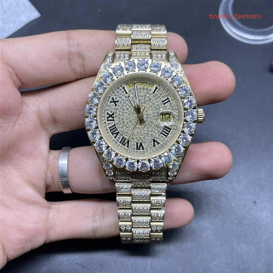 Popular Prong Set Men's Diamond Watch Size 43mm Gold Diamond Face Gold Stainless Steel Strap Watch Automatic Mechanical Wrist250v