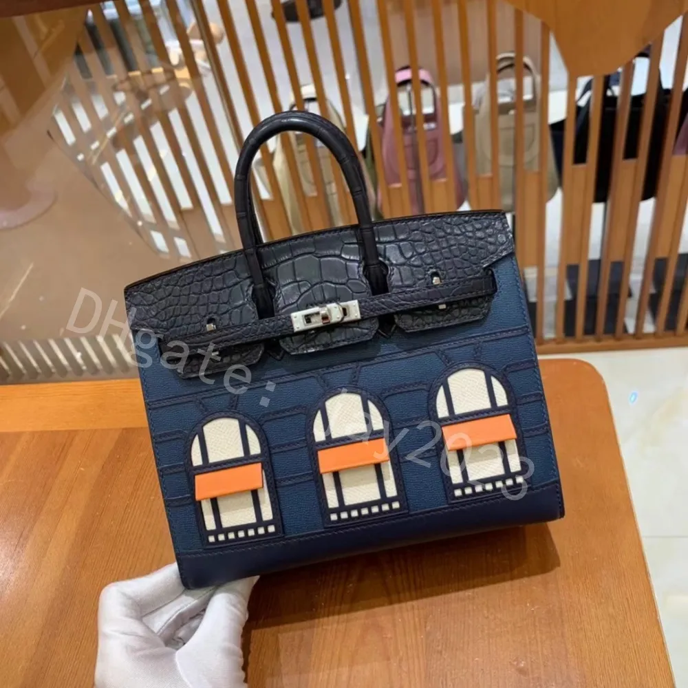 Sac de créateur 10s petite maison sac fourre-tout bleu maison 25 cm Crocodile Handbag Femmes crossbody Sacs Alligator authentique patchwork en cuir sier estampillé