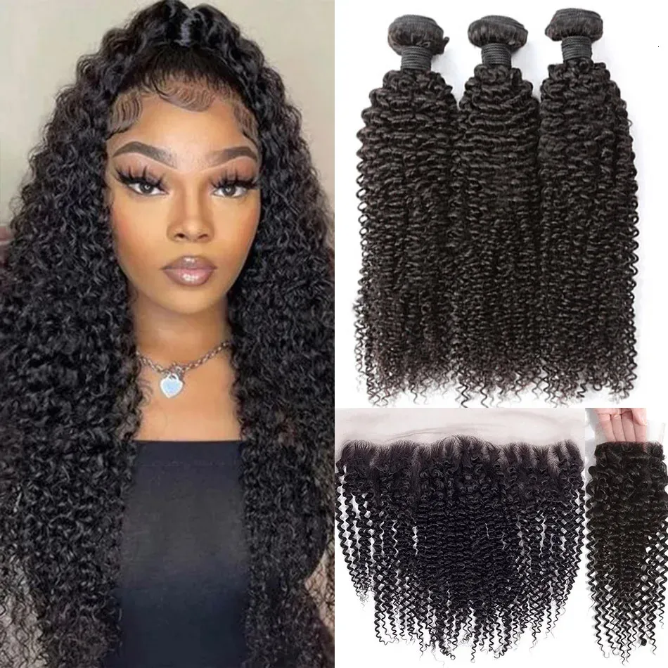 Perucas sintéticas indianas Kinky Curly Bundles com fechamento 13x4 laço frontal com pacotes de cabelo humano pacotes com fechamento frontal cabelo virgem 231211