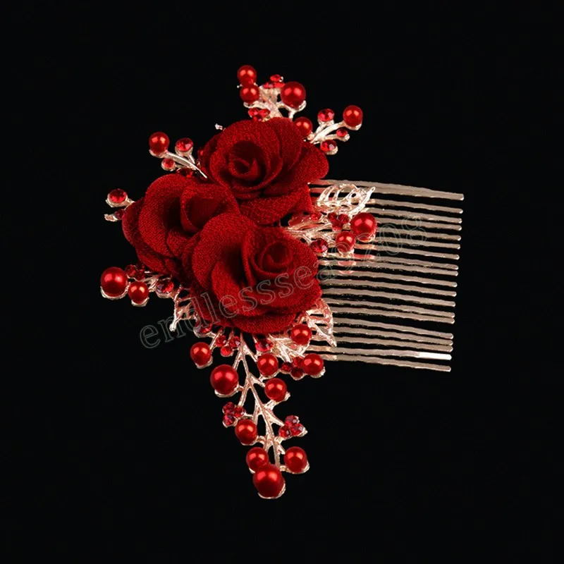 Pettine capelli con rosa rossa Accessori capelli eleganti e sexy Matrimonio cinese Xiuhe Hanfu Gioielli capelli Decorazione capelli con strass fantasia di cristallo