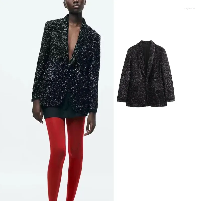 Costumes pour femmes, Blazer noir à paillettes, ajusté, élégant et pour jeunes, manteau à manches longues, veste d'hiver, vêtements d'extérieur, 2024