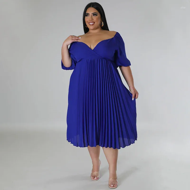 Vestidos casuais mulheres moda elegante com decote em v chiffon plissado com mangas 3/4 midi vestido verão cor sólida moderno simples formal noite